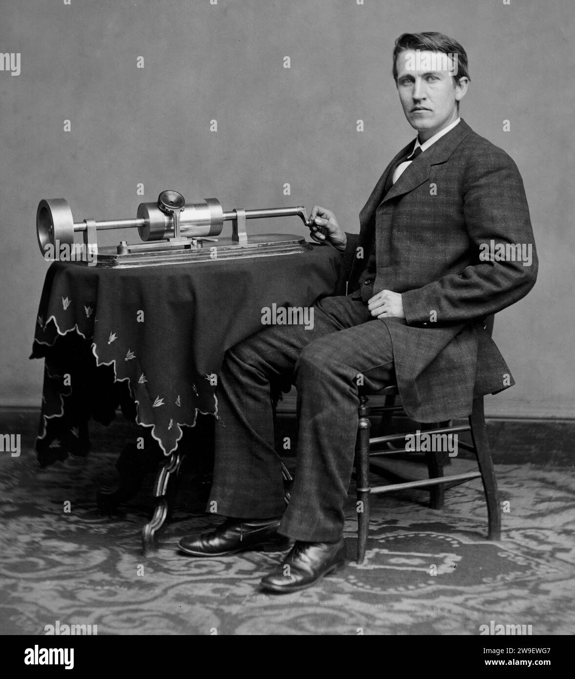 Thomas Edison with his second phonograph. April 1878. Photographed by Levin Corbin Handy in Washington. Stock Photo