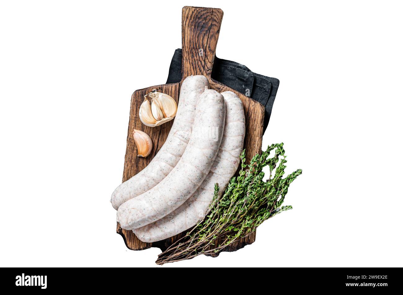 Raw Munich white sausage weisswurst Isolated on white background, top view Stock Photo