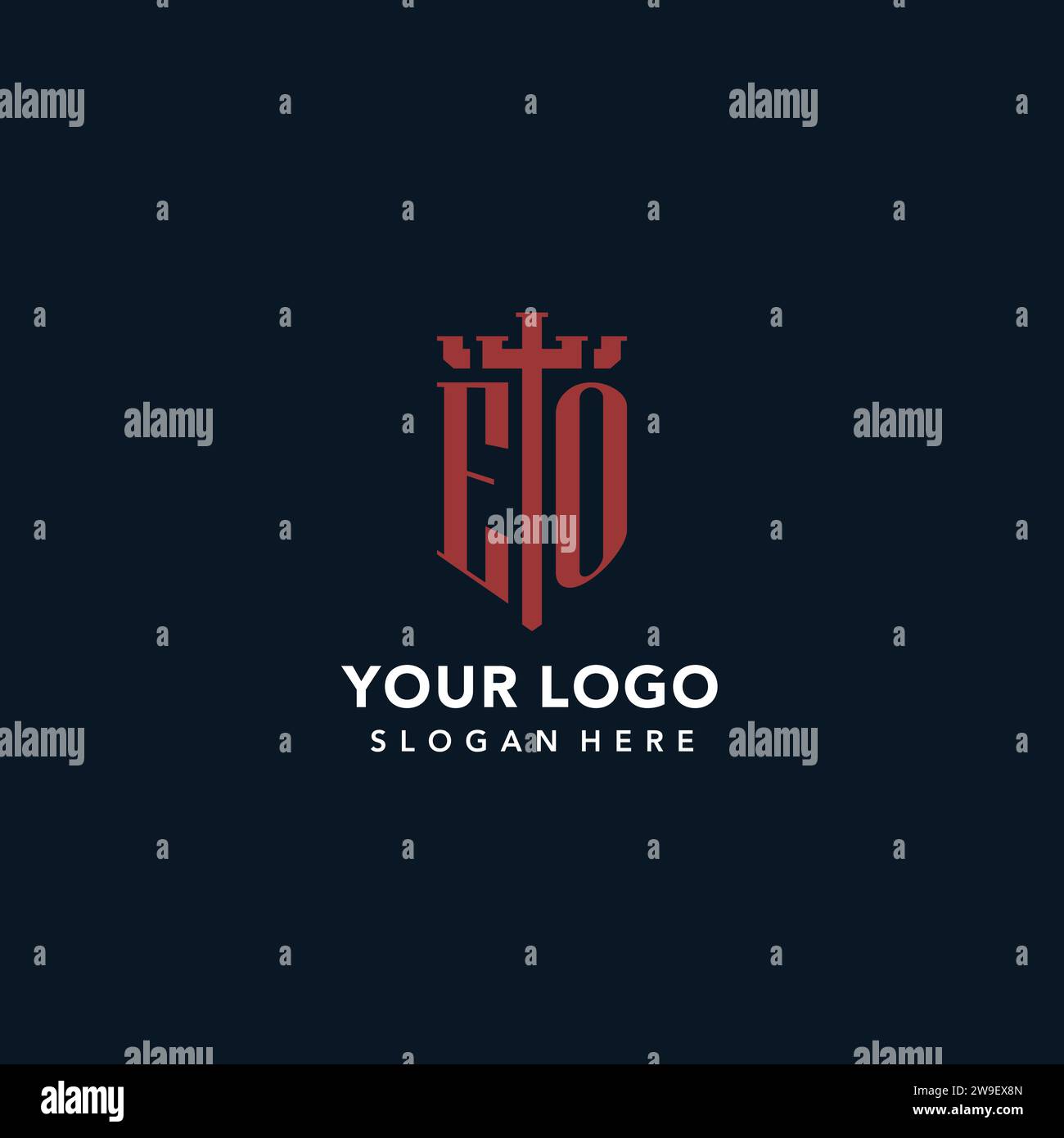 EO initial monogram logos with sword and shield shape design ideas Stock Vector
