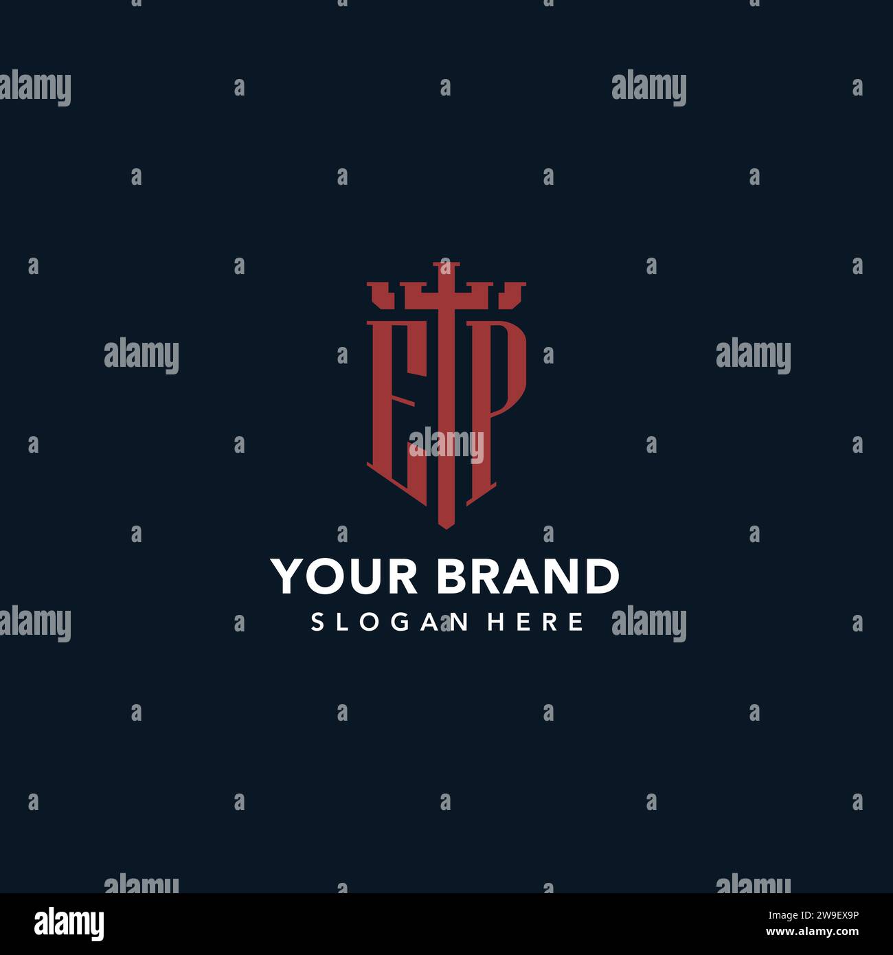 EP initial monogram logos with sword and shield shape design ideas Stock Vector