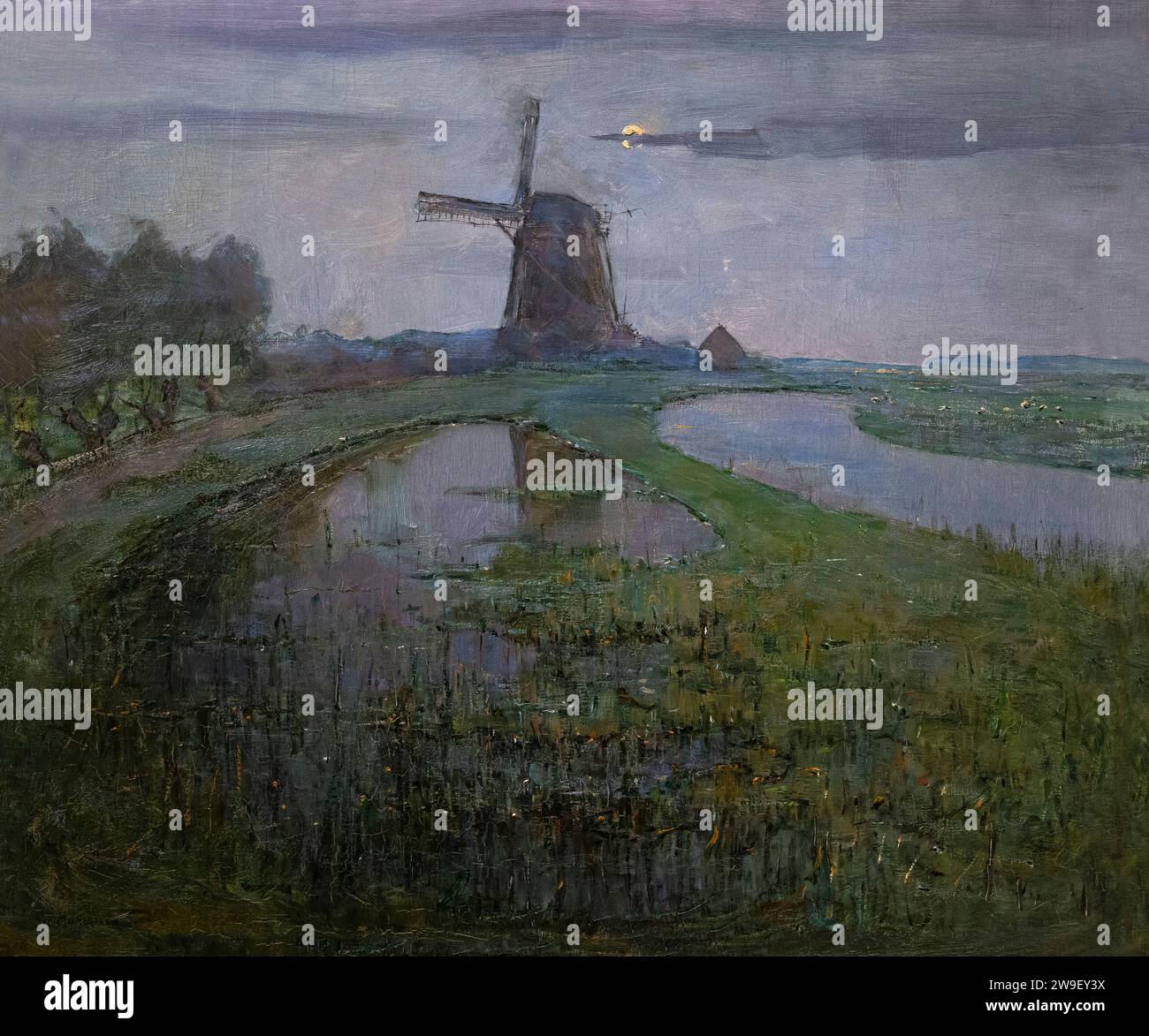 Monding Rijn Oostzijdse Mill along the Gein River in Moonlight, Piet Mondrian, 1903 ...