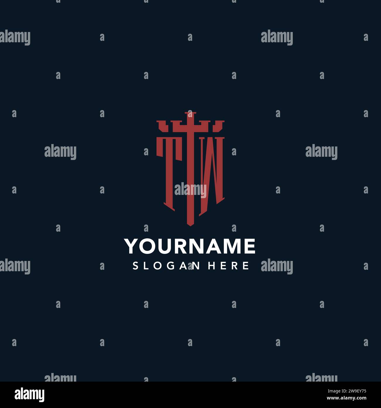 TW initial monogram logos with sword and shield shape design ideas Stock Vector