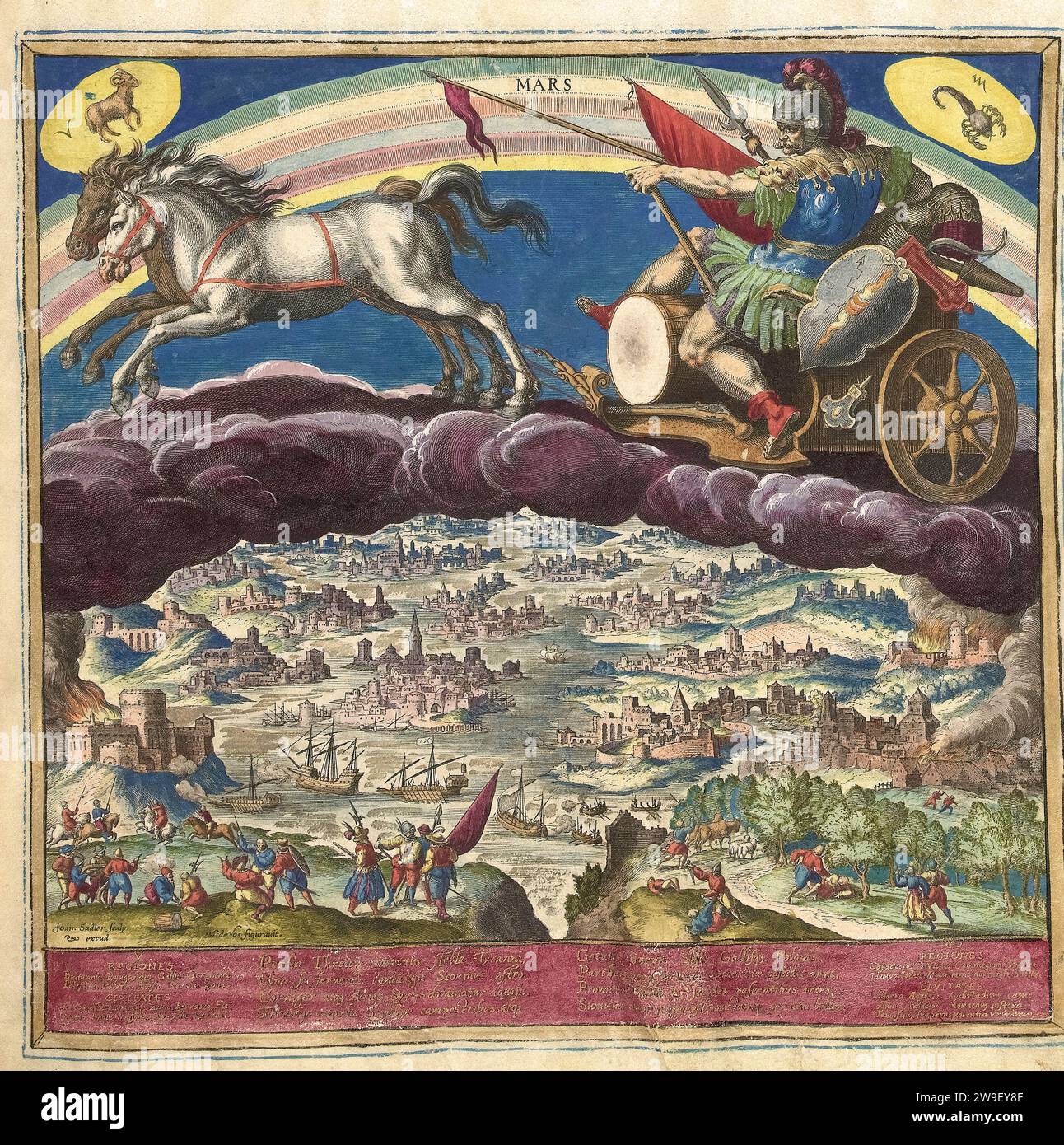 The planet Mars and its influence on the world The Seven Planets (series title) Planetarum effectus et eorum in signis zodiaci (series title) 1585 by  Maerten de Vos -  The god Mars on his chariot, drawn by two horses, riding on the clouds. Top left the constellation Aries, top right the constellation Cancer. At the bottom a river landscape with fighting soldiers and burning cities. The performance includes a poem of praise in Latin about the influence of planet Jupiter on the regions of Europe (England, Italy, Germany, Spain). Stock Photo