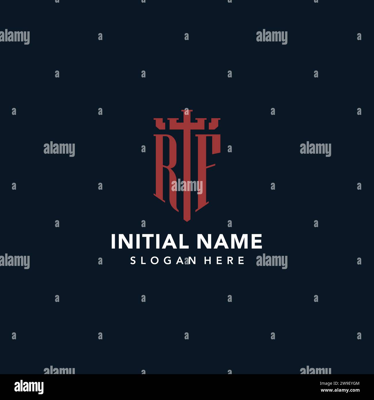 RF initial monogram logos with sword and shield shape design ideas Stock Vector
