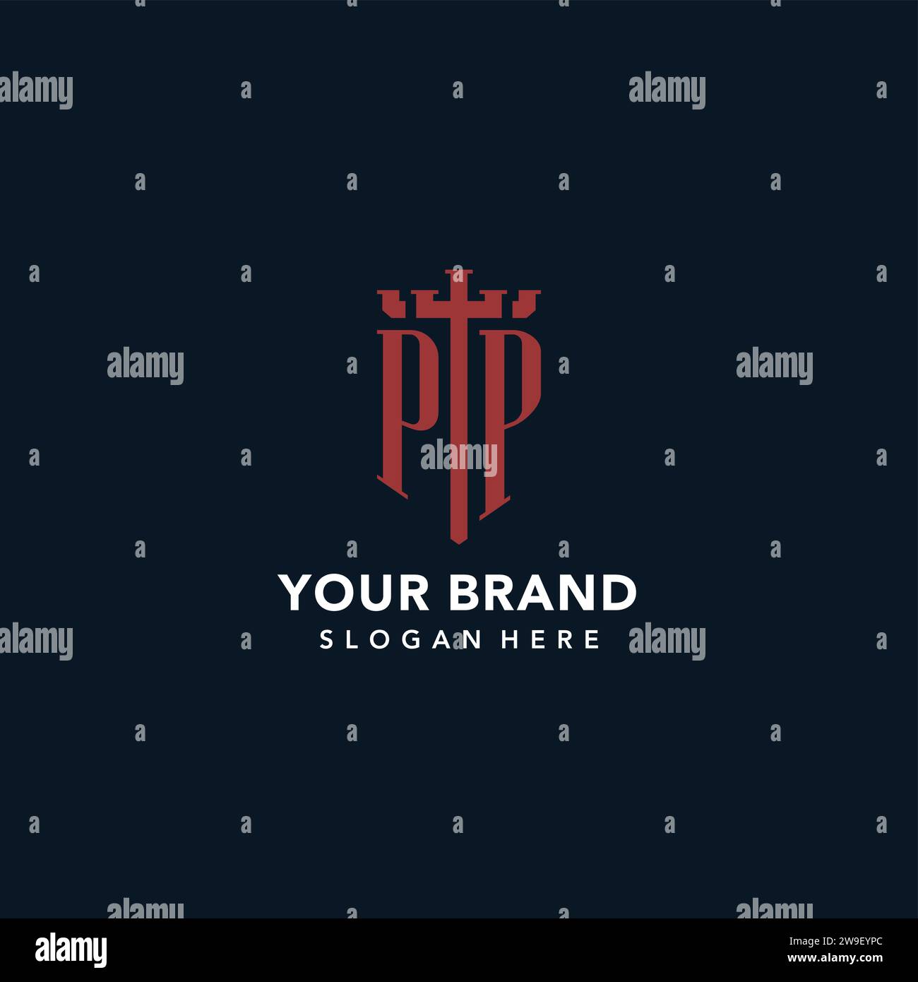 PP initial monogram logos with sword and shield shape design ideas Stock Vector