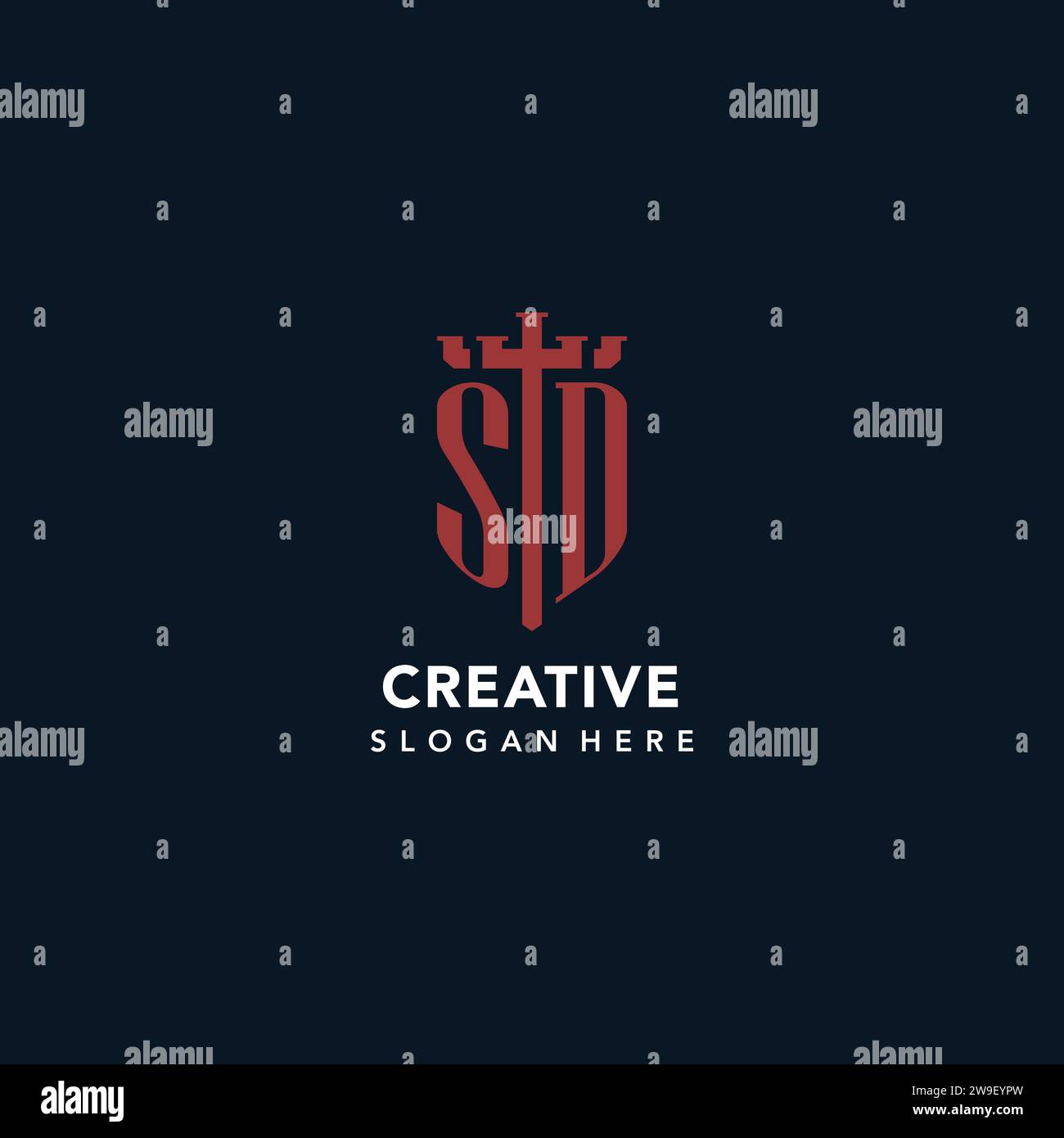 SD initial monogram logos with sword and shield shape design ideas Stock Vector