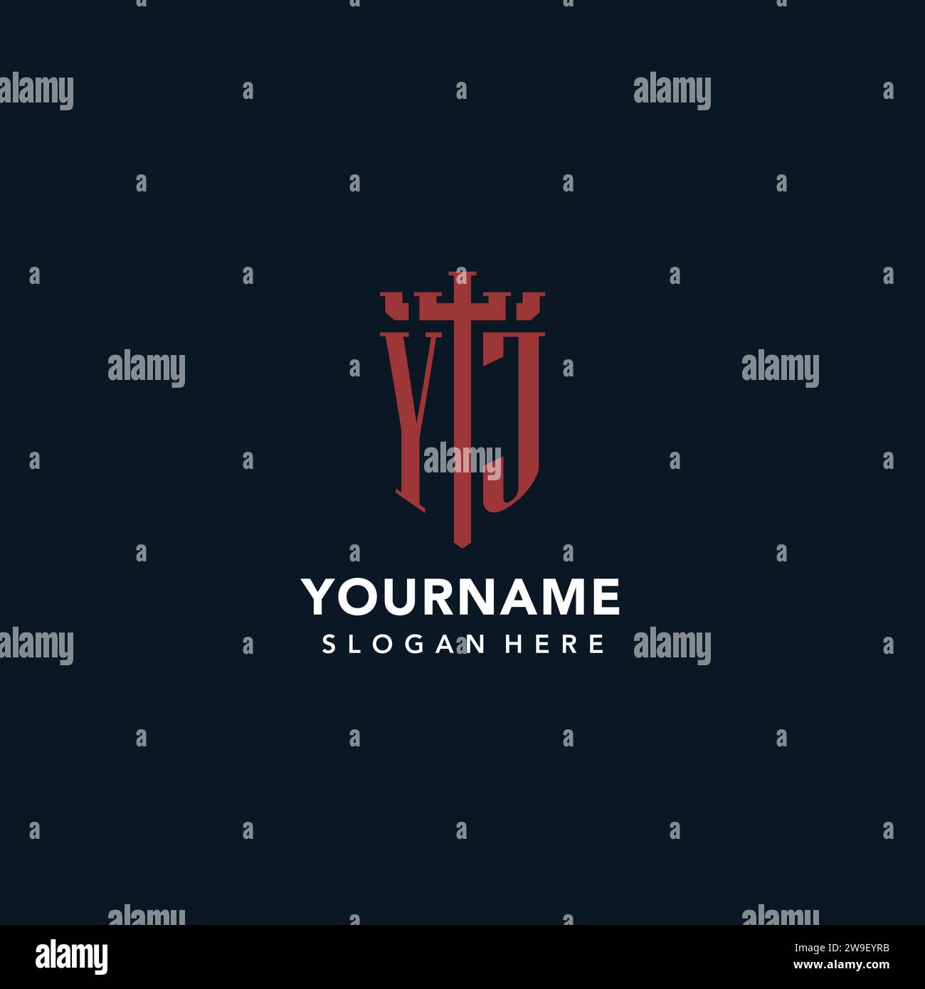 YJ initial monogram logos with sword and shield shape design ideas Stock Vector