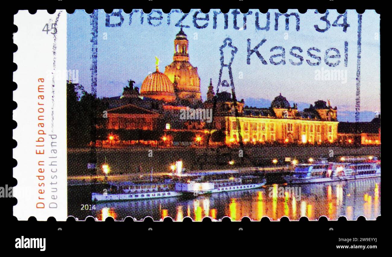 MOSCOW, RUSSIA - DECEMBER 17, 2023: Postage stamp printed in Germany shows Dresden Elbpanorama (1), Germany's Most Beautiful Panoramas 2014 serie, cir Stock Photo