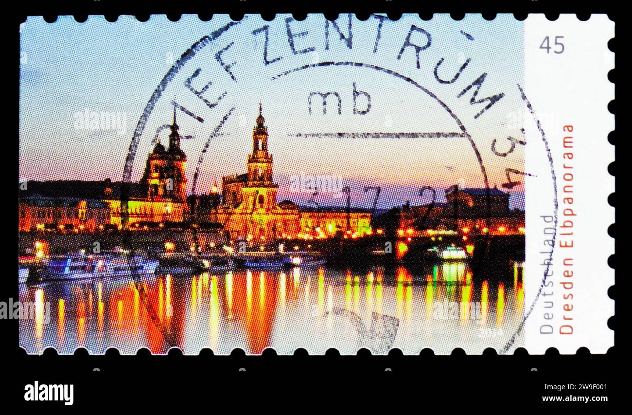 MOSCOW, RUSSIA - DECEMBER 17, 2023: Postage stamp printed in Germany shows Dresden Elbpanorama (2), Germany's Most Beautiful Panoramas 2014 serie, cir Stock Photo