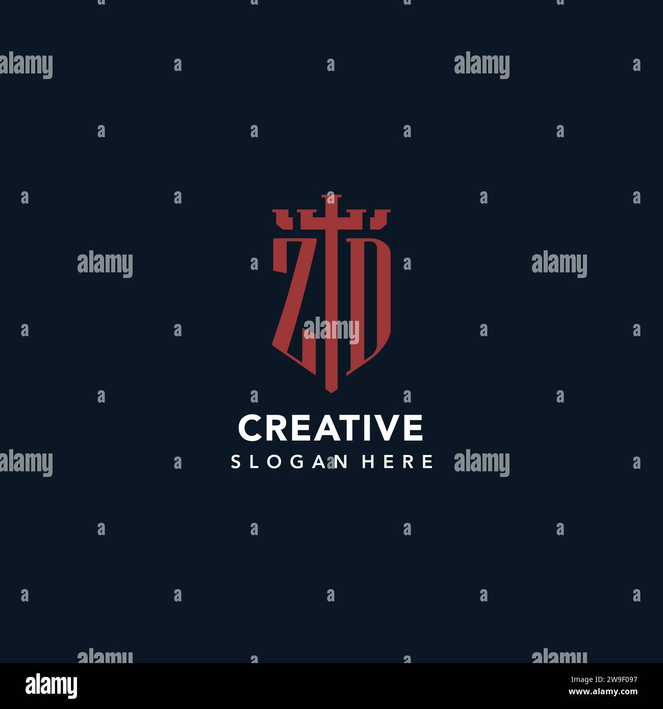 ZD initial monogram logos with sword and shield shape design ideas Stock Vector