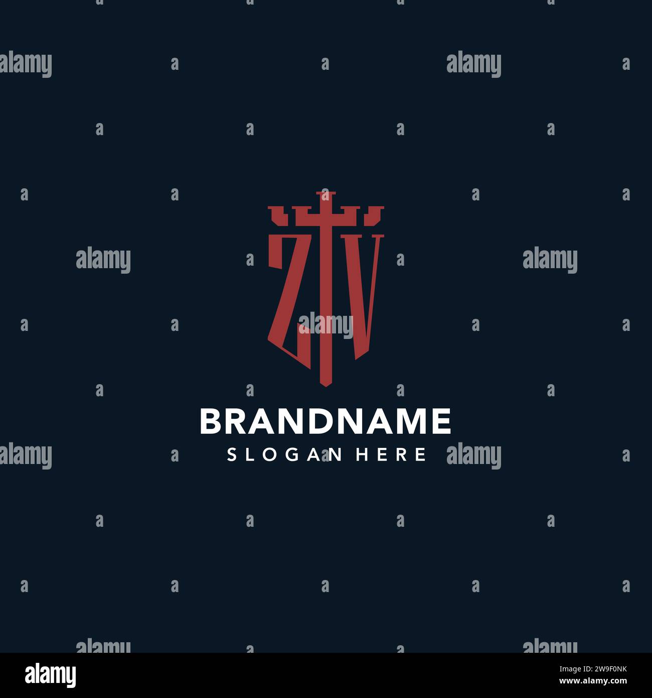 ZV initial monogram logos with sword and shield shape design ideas Stock Vector