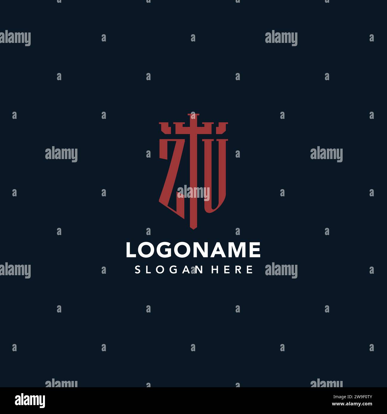 ZU initial monogram logos with sword and shield shape design ideas Stock Vector