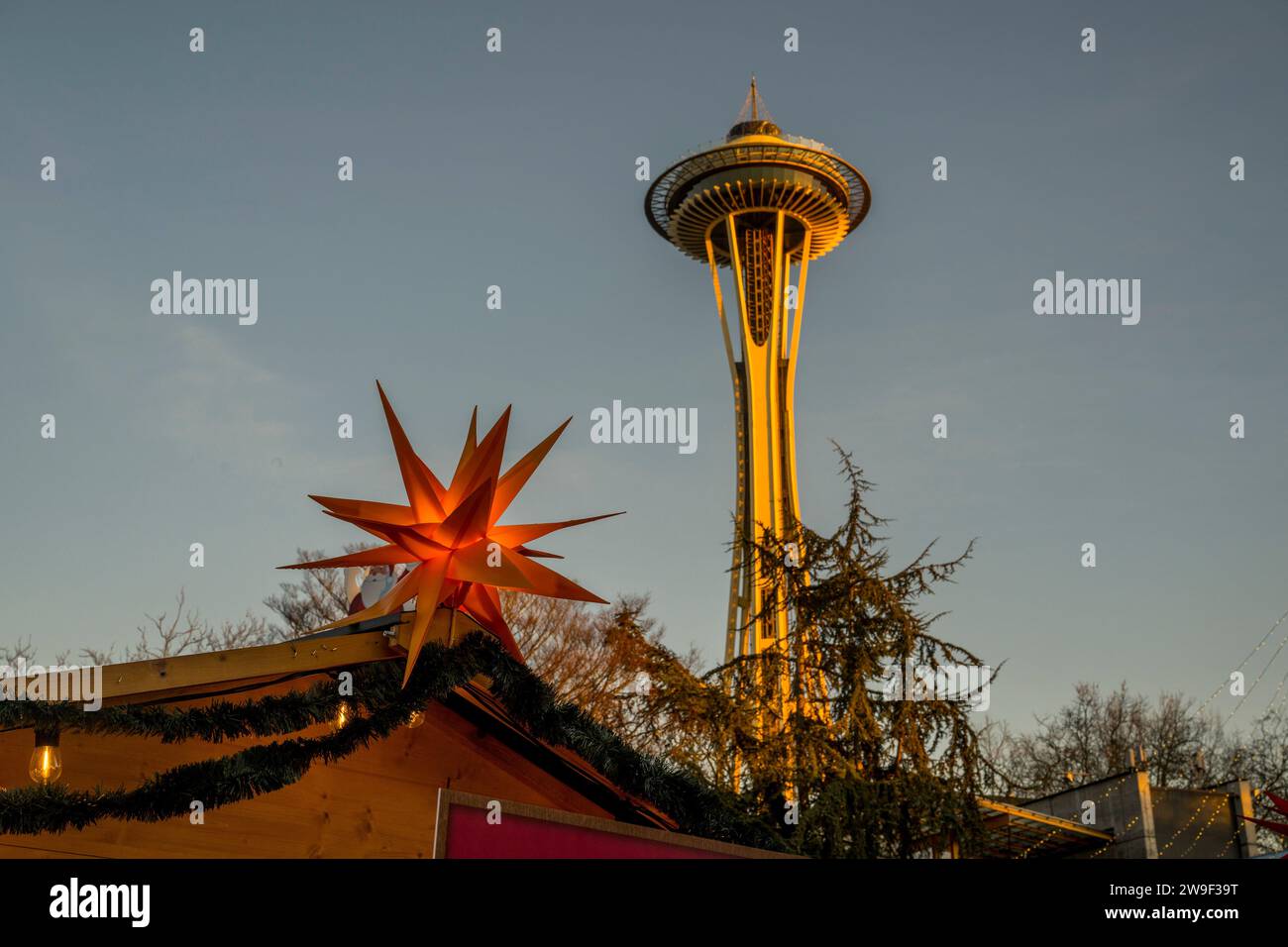 Seattle Christmas Market scene with holiday lights, Christmas Star, and