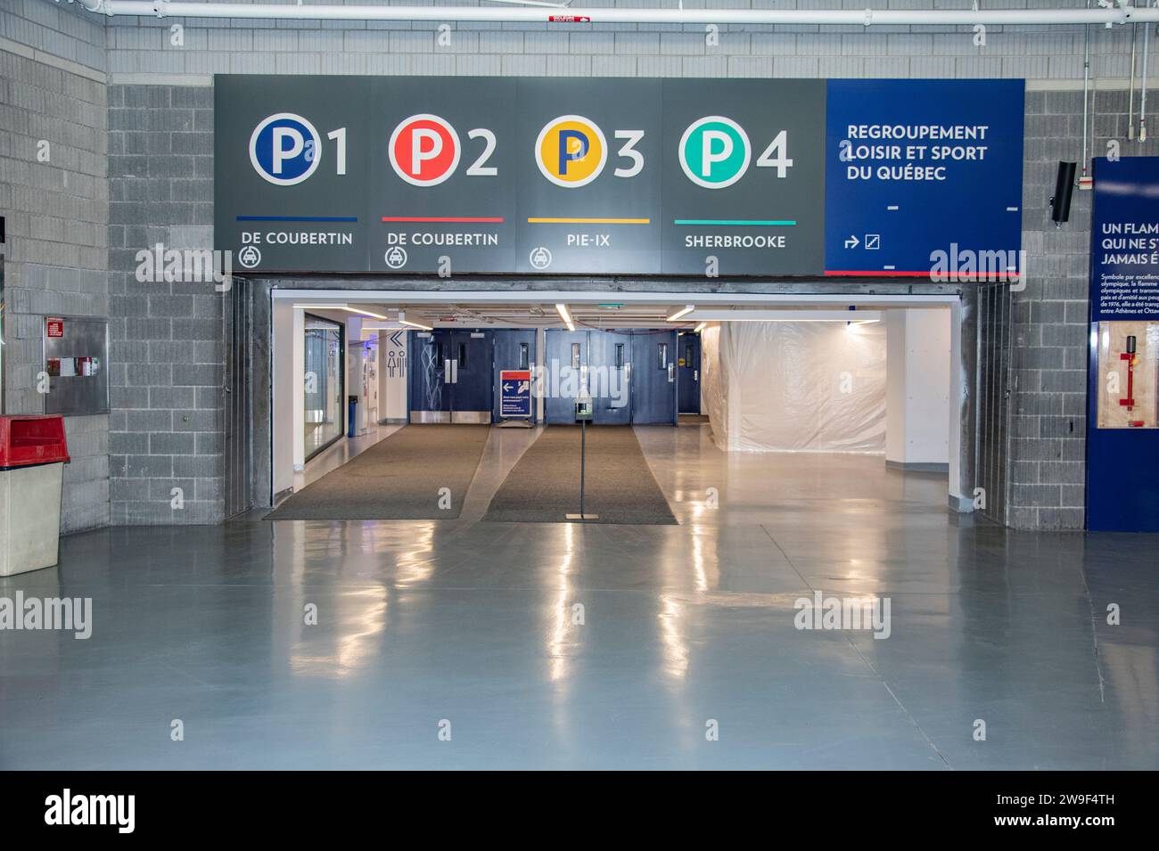 Parking sign inside Olympic Stadium in Montreal, Quebec, Canada Stock