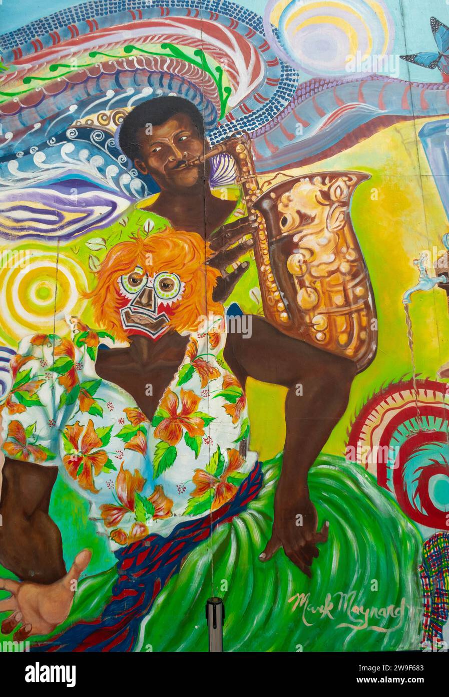 Tracey Williams, Barbadian Artist, mural, paintings on warehouses, large doors, colonized, Barbadians, culture, traditions, florals, landscapes, media Stock Photo
