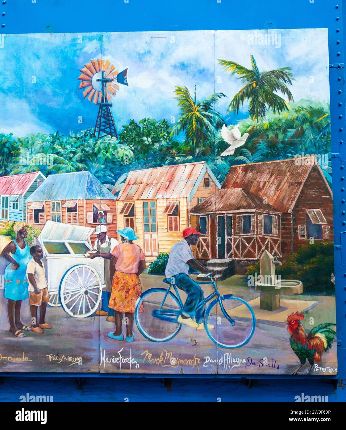 Tracey Williams, Barbadian Artist, mural, paintings on warehouses, large doors, colonized, Barbadians, culture, traditions, florals, landscapes, media Stock Photo