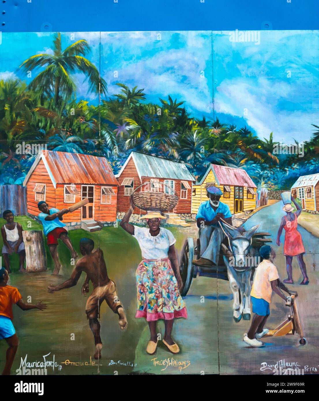 Tracey Williams, Barbadian Artist, mural, paintings on warehouses, large doors, colonized, Barbadians, culture, traditions, florals, landscapes, media Stock Photo