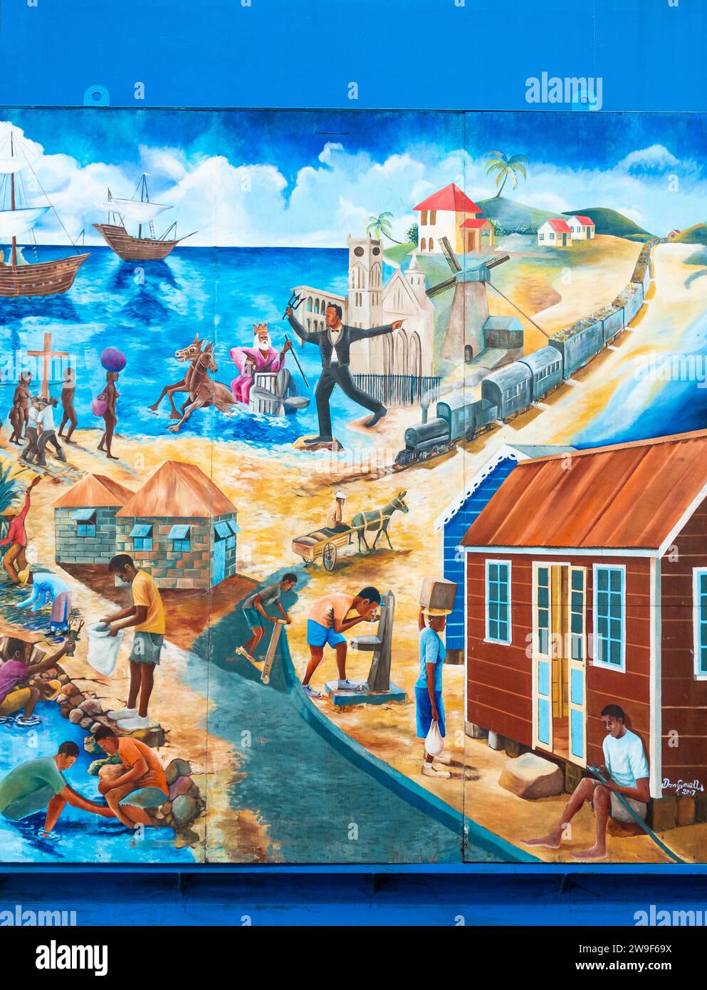 Tracey Williams, Barbadian Artist, mural, paintings on warehouses, large doors, colonized, Barbadians, culture, traditions, florals, landscapes, media Stock Photo