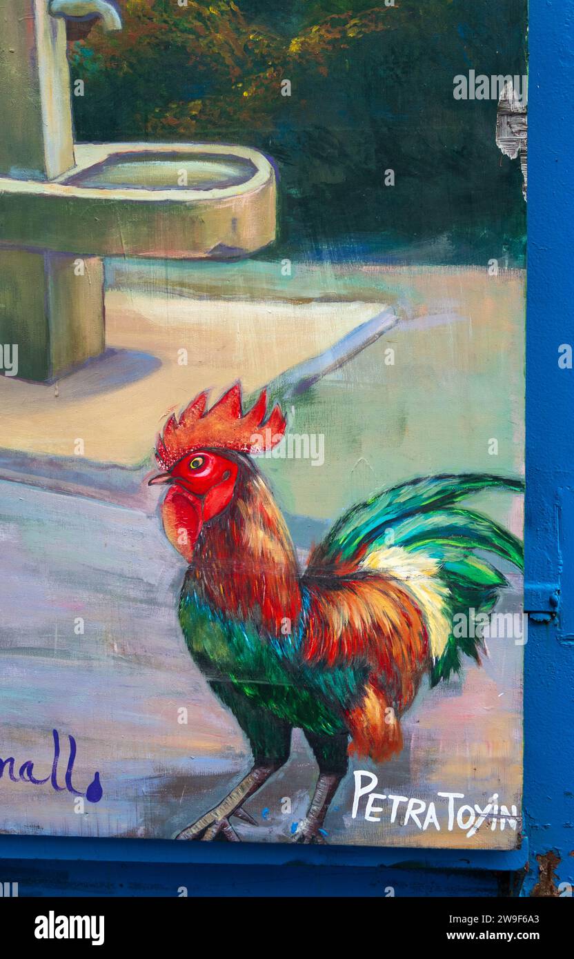 Tracey Williams, mural, paintings, warehouses, large doors, colonized, Barbadians, culture, traditions, florals, landscapes, chickens, Cockrell, hens Stock Photo