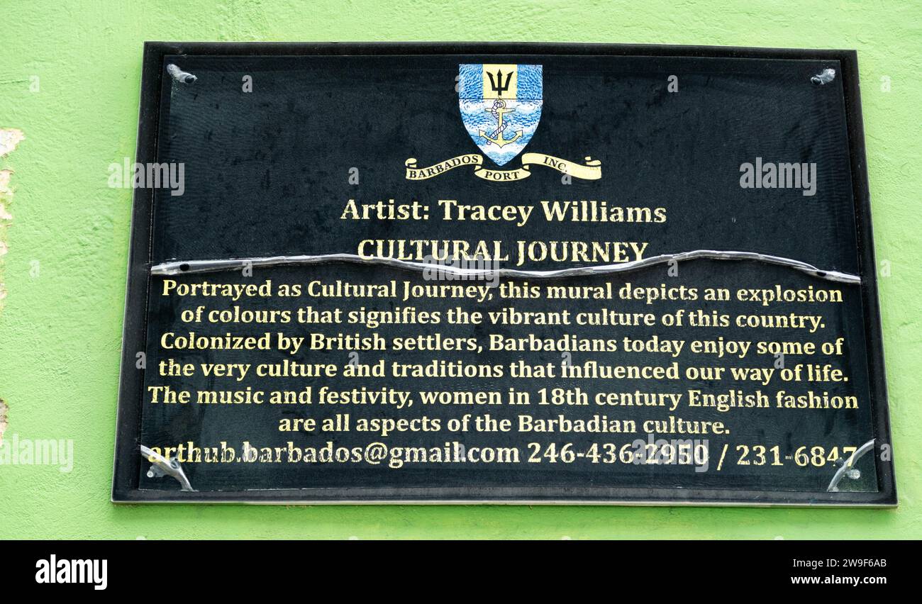 Tracey Williams, Barbadian Artist, mural, paintings on warehouses, large doors, colonized, Barbadians, culture, traditions, florals, landscapes, media Stock Photo