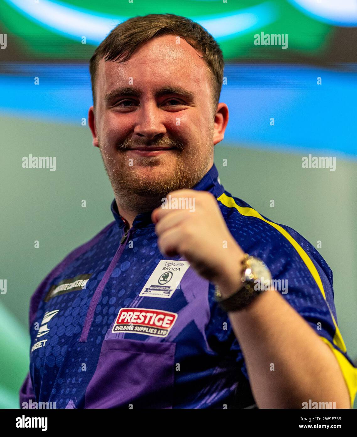 Luke Littler celebrates winning his match against Matt Campbell on day ten of the Paddy Power