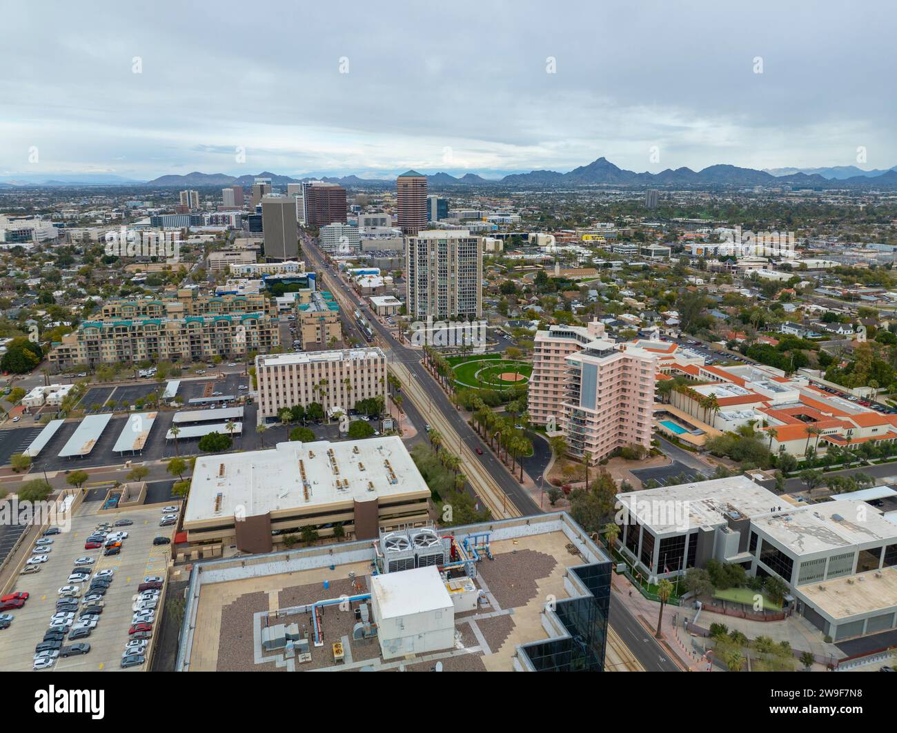 Phoenix Midtown modern skyline aerial view with downtown Phoenix at the background on N Central Avenue, Phoenix, Arizona AZ, USA. Stock Photo