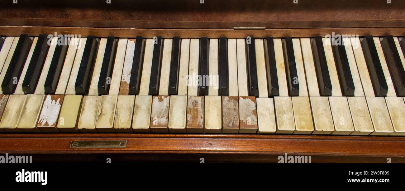 Old wooden upright grand piano black and white keys with detailed real