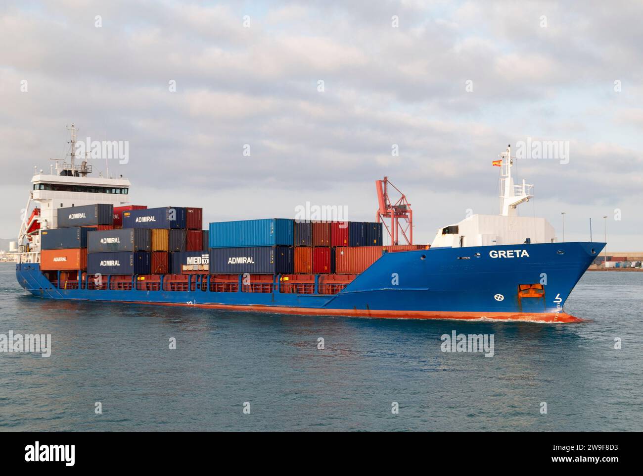 Departure of the feeder container ship Greta B from the port of Barcelona. October 1, 2023. Stock Photo