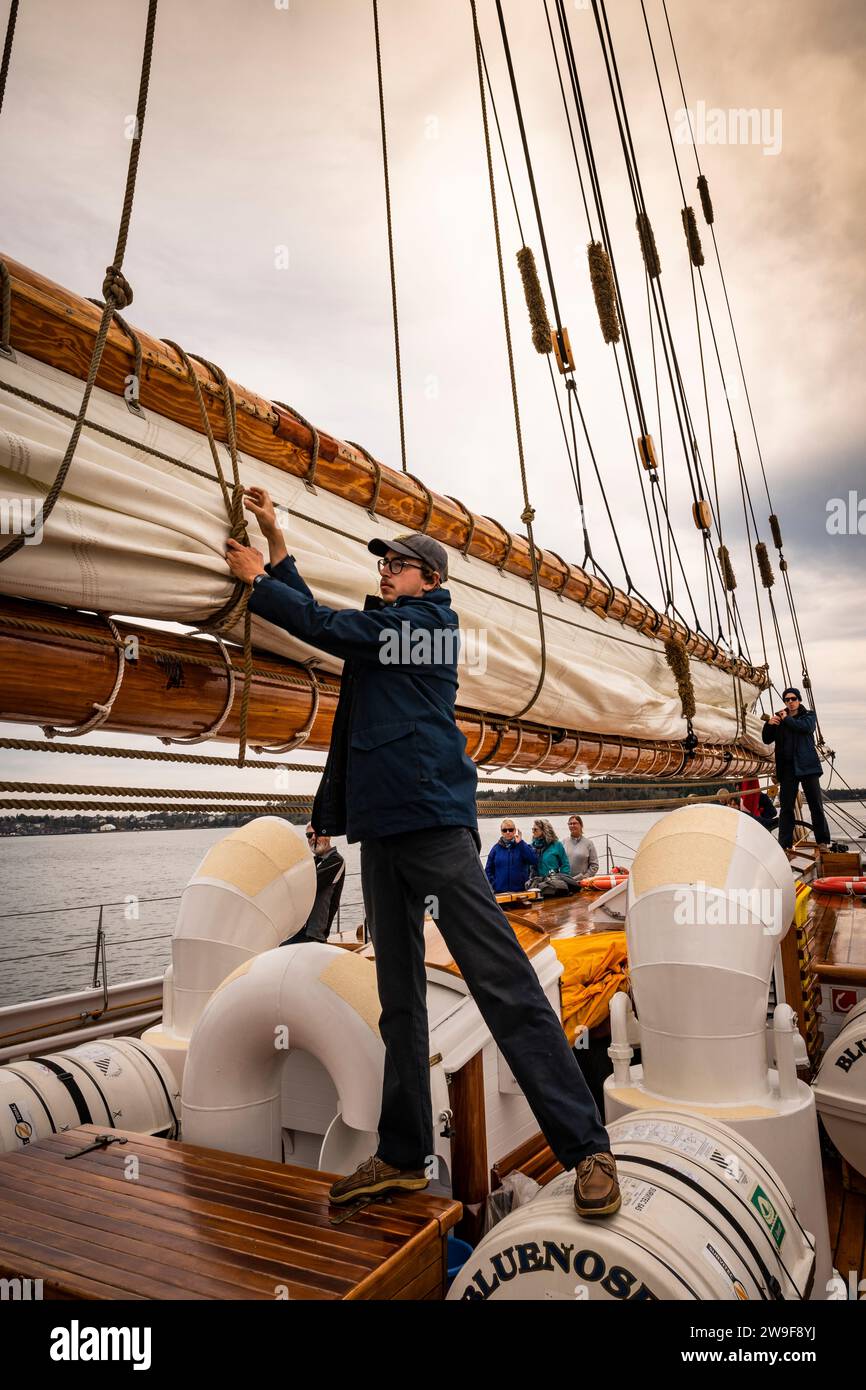 Stowing the sails onboard the replica Grand Banks fishing schooner