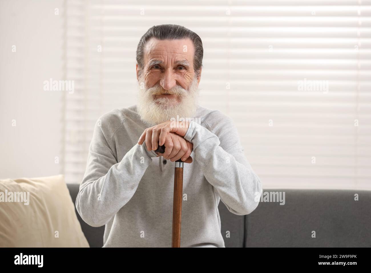Senior man with walking cane on sofa indoors Stock Photo - Alamy
