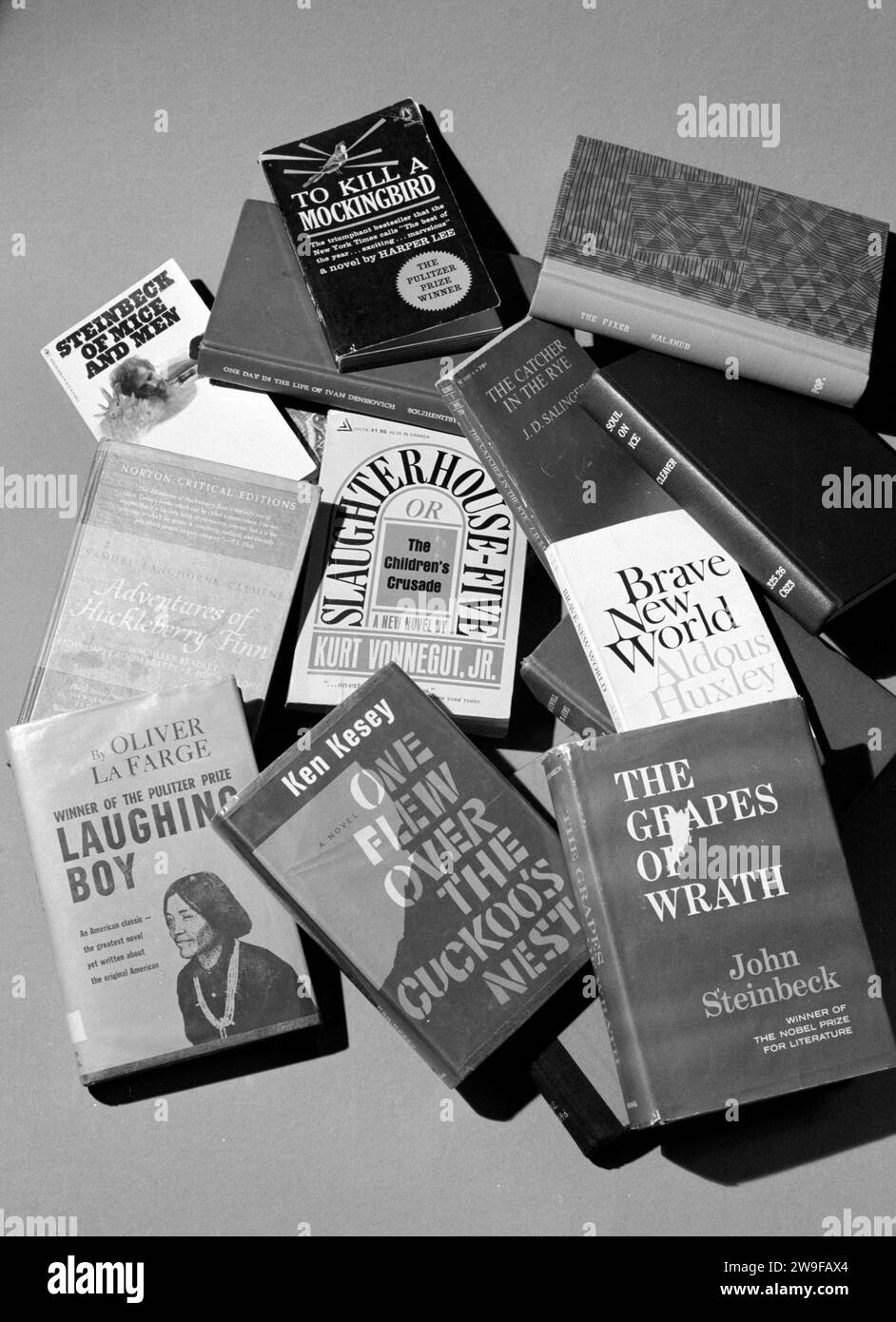 Banned books including Brave New World by Aldous Huxley, Grapes of Wrath and Of Mice and Men by John Steinbeck, Slaugher House-Five by Kurt Vonnegut, Jr., To Kill a Mockingbird by Harper Lee and Laughing Boy by Oliver La Farge] Stock Photo