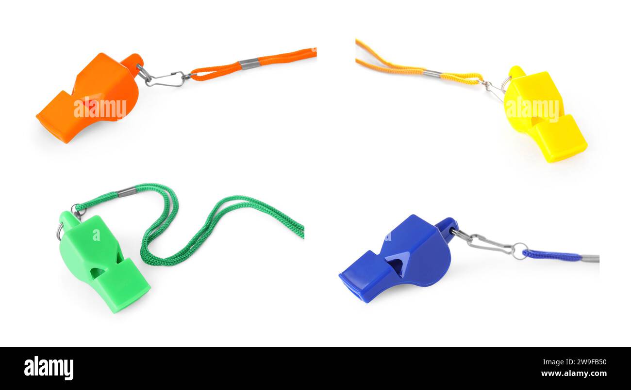 Different colourful whistles with cords isolated on white, set Stock