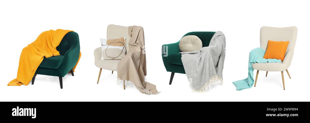 Different comfortable armchairs with blankets and pillows isolated on ...