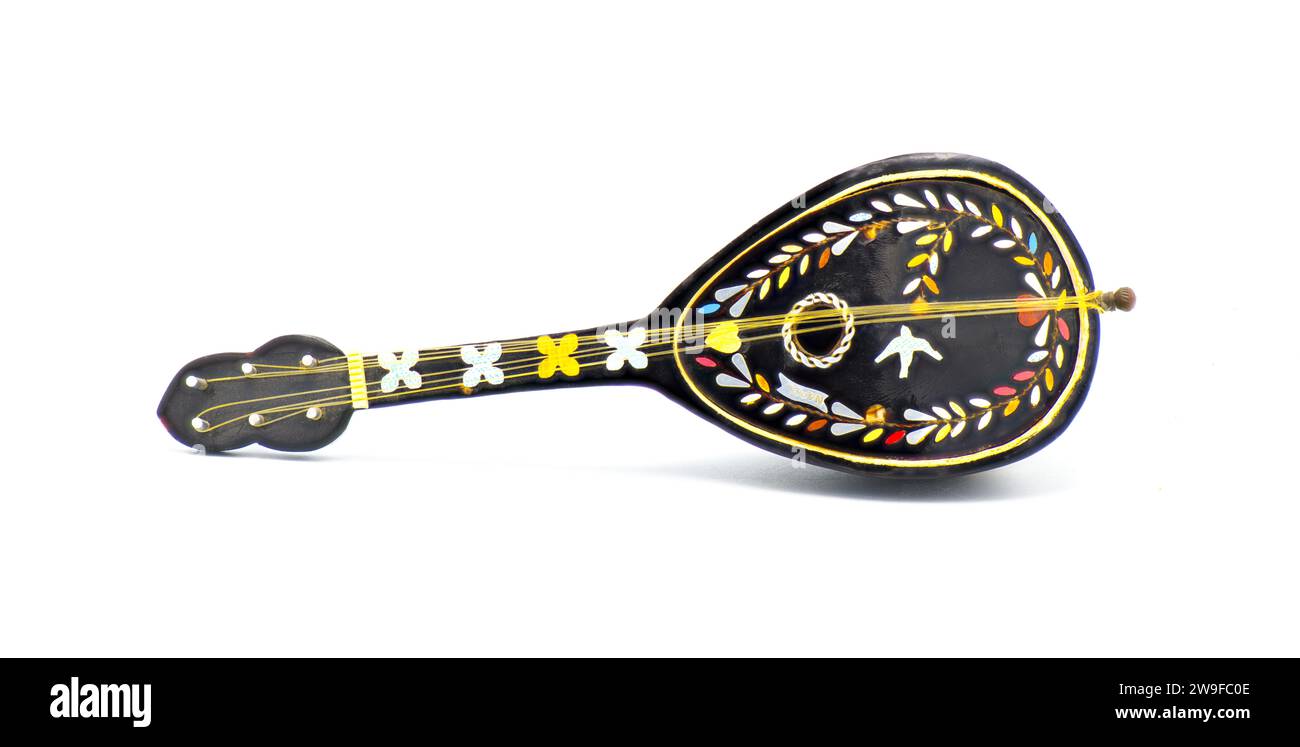 black old antique bouzouki mandolin toy music box with multi colored