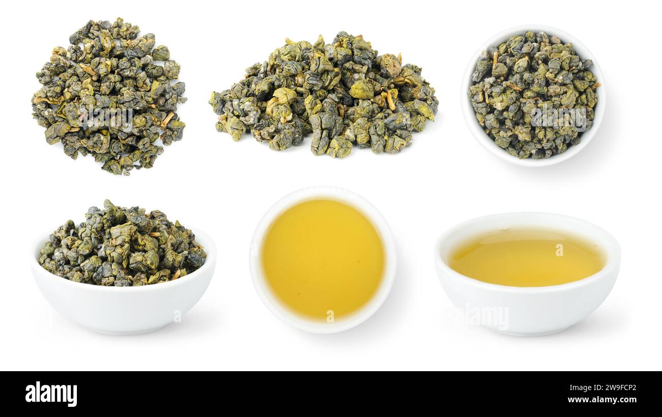 Taiwan Dong Ding Oolong, collection of loose leaves and bowls of brewed oolong tea isolated on white background Stock Photo