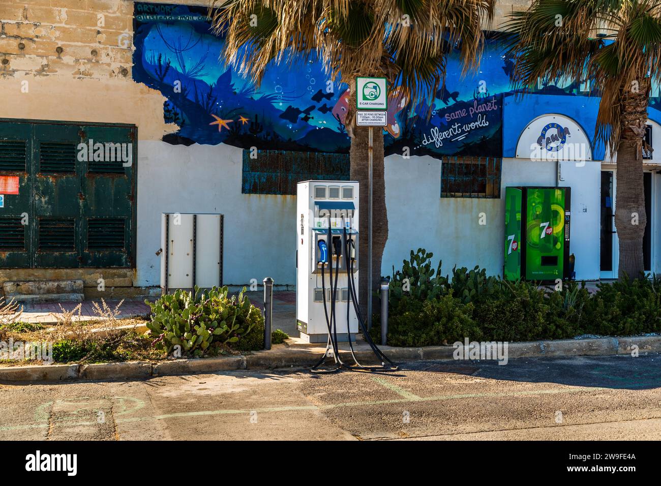 Electric charging station at a parking lot in Marsascala, Malta Stock