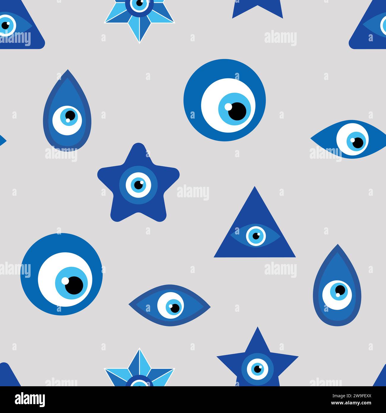 Evil eye Heavenly seamless pattern with suns, moons, stars, palms. For