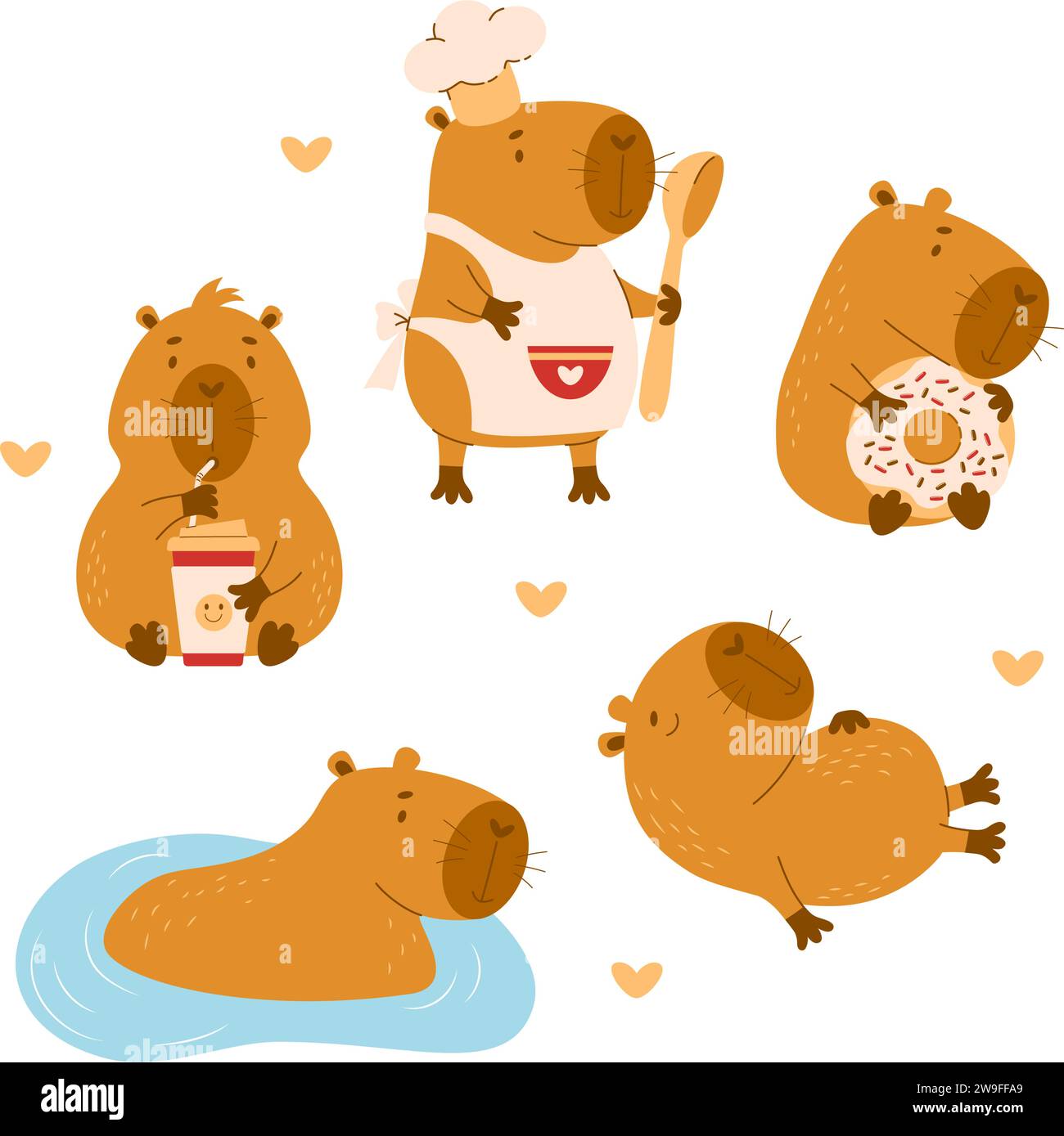 Cute Capybara character collection. Cook with spoon, with coffee and
