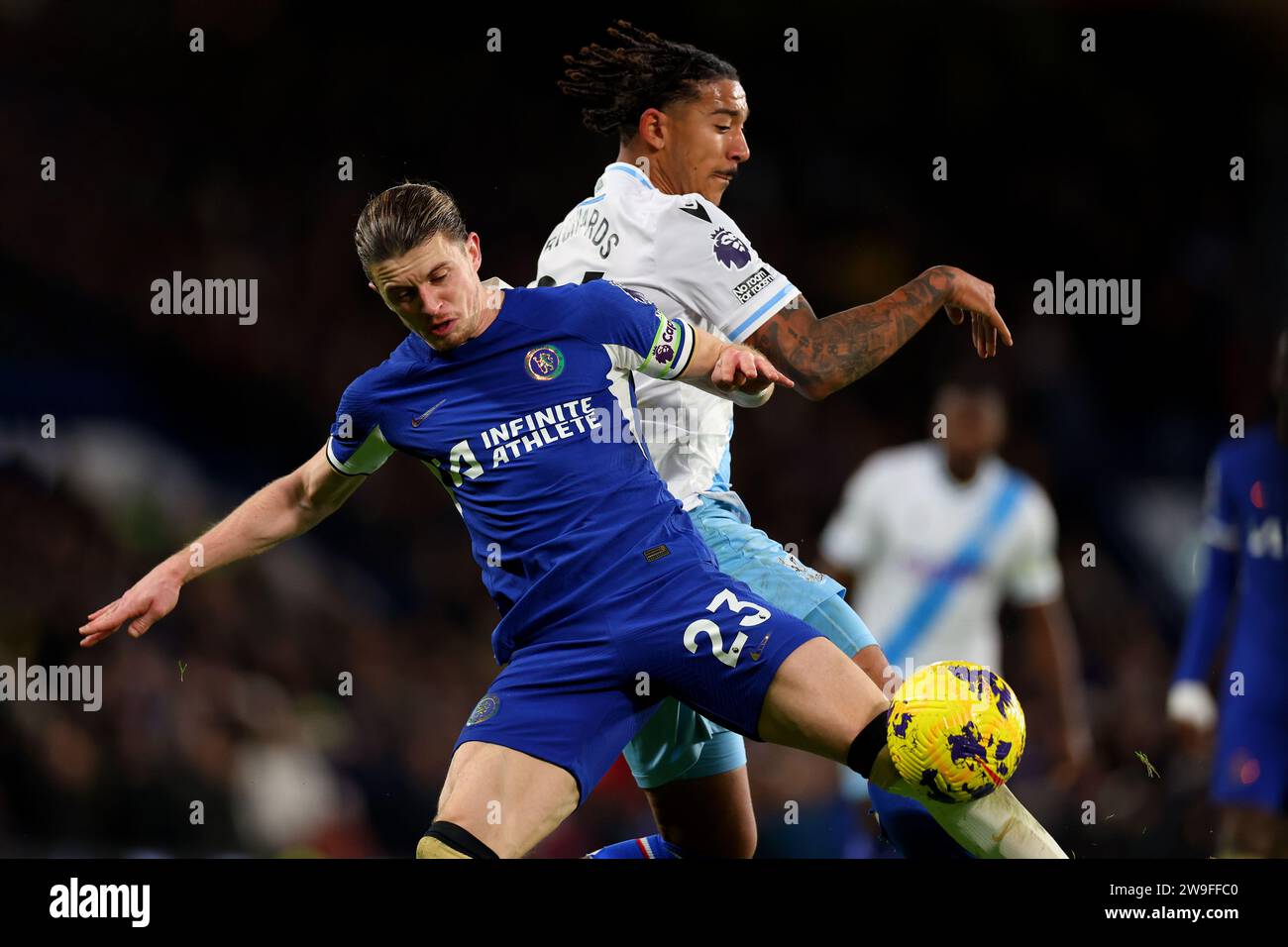 27th December 2023; Stamford Bridge, Chelsea, London, England: Premier League Football, Chelsea versus Crystal Palace; Conor Gallagher of Chelsea competes for the ball with Chris Richards of Crystal Palace Stock Photo