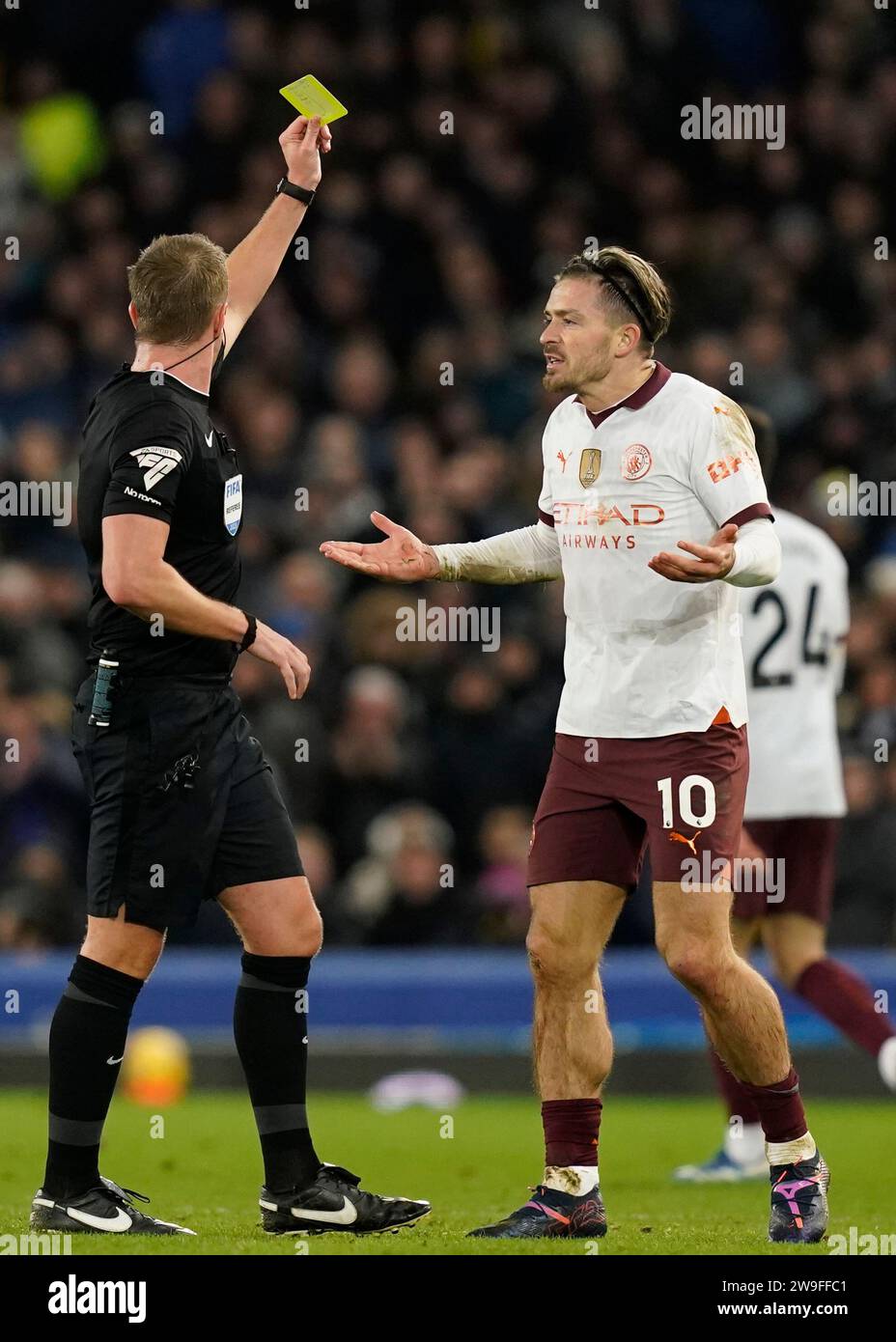 Liverpool, UK. 27th Dec, 2023. Jack Grealish of Manchester City protests a yellow card during the Premier League match at Goodison Park, Liverpool. Picture credit should read: David Klein/Sportimage Credit: Sportimage Ltd/Alamy Live News Stock Photo