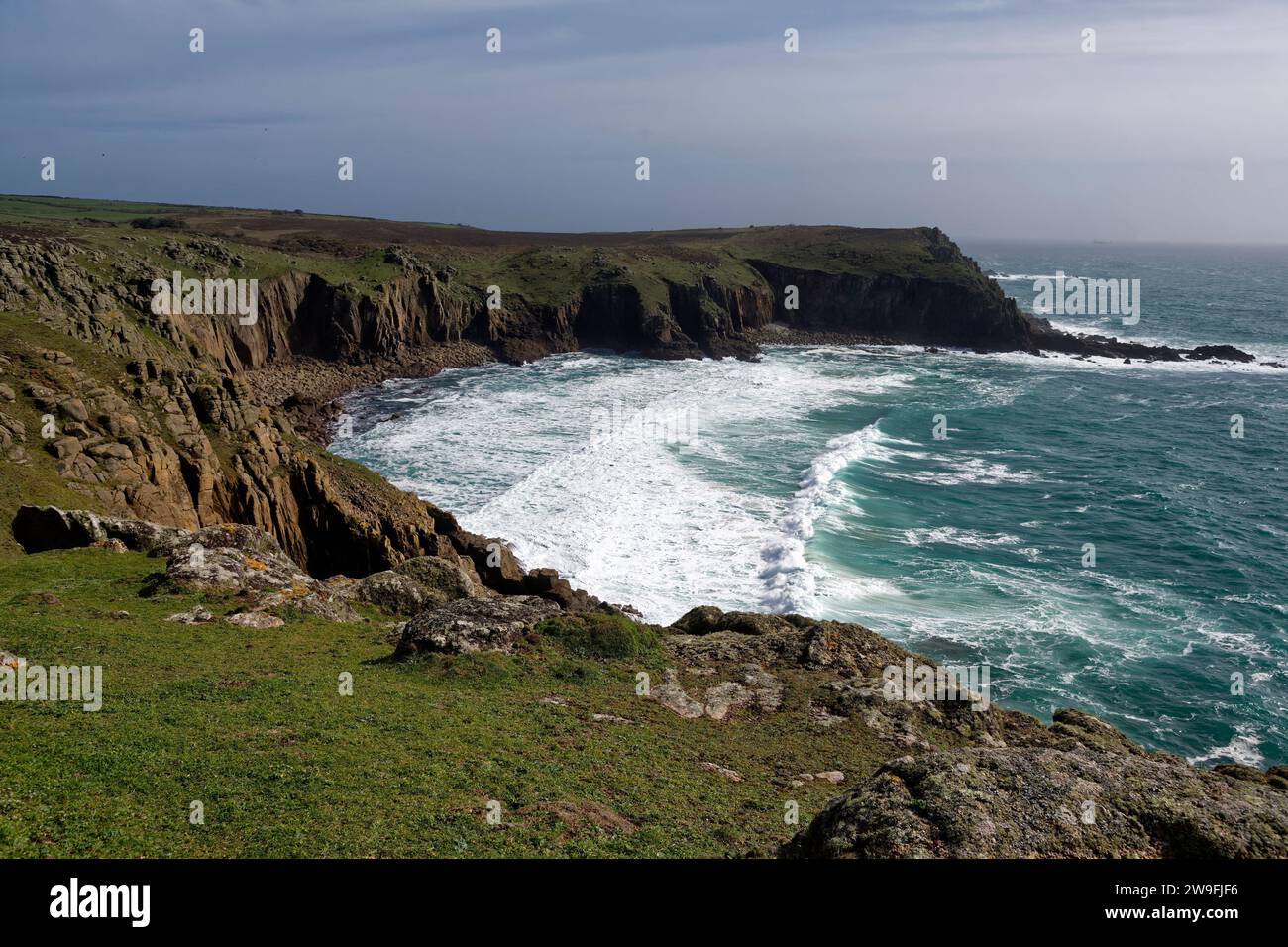 Pendower Cove, Zawn Kellys & Carn Barra,  viewed from Carn Les Boel, south of Land's End, Cornwall, UK Stock Photo