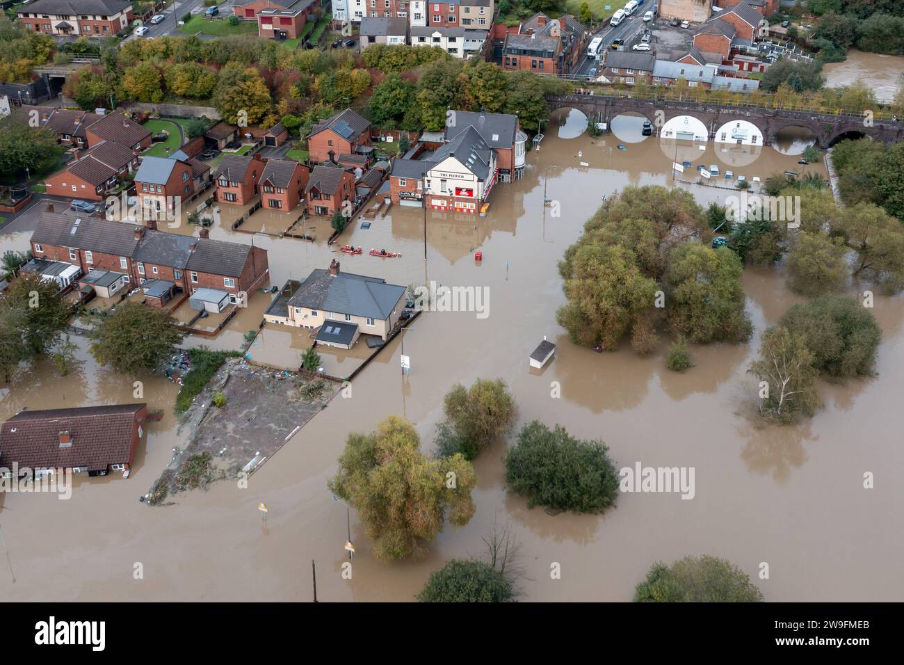 Aerial view Catcliffe in Rotherham which is under water after sudden