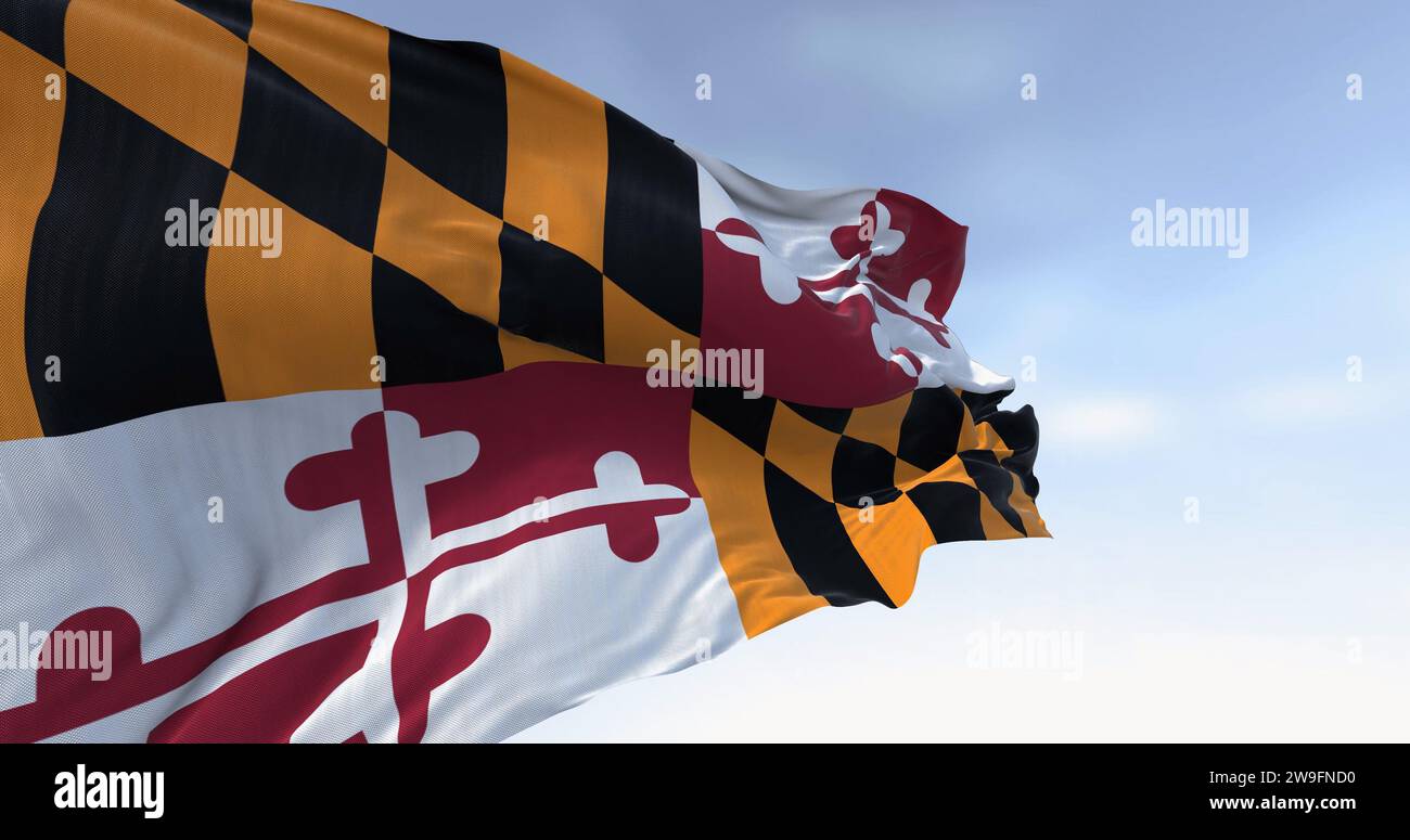 Maryland state flag waving on a clear day. Four quadrants with the colors of the Calvert and Crossland families. 3d illustration render. Fluttering fa Stock Photo