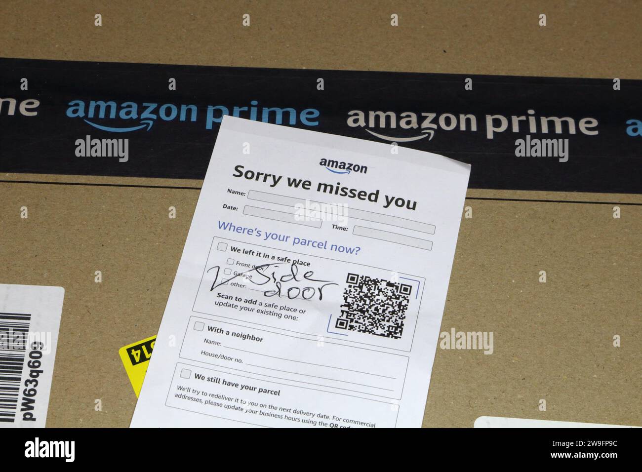 Amazon Delivery service, could not deliver notice card, sorry we missed you parcel package Stock Photo