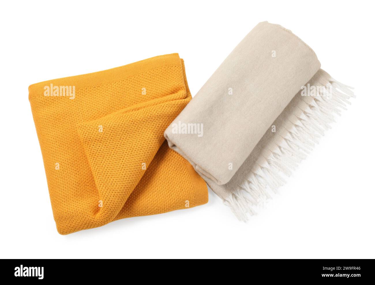 Two soft warm blankets isolated on white, top view Stock Photo