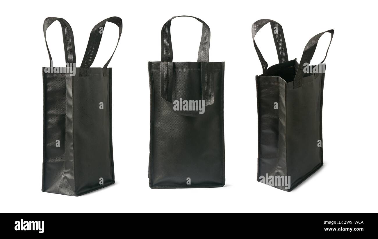 set of black canvas fabric shopping bags, ecofriendly alternative to plastic, stylish, sturdy