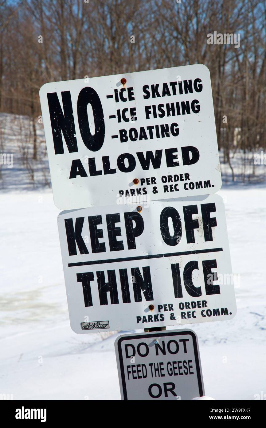 Thin ice sign, AW Stanley Park, New Britain , Connecticut Stock Photo