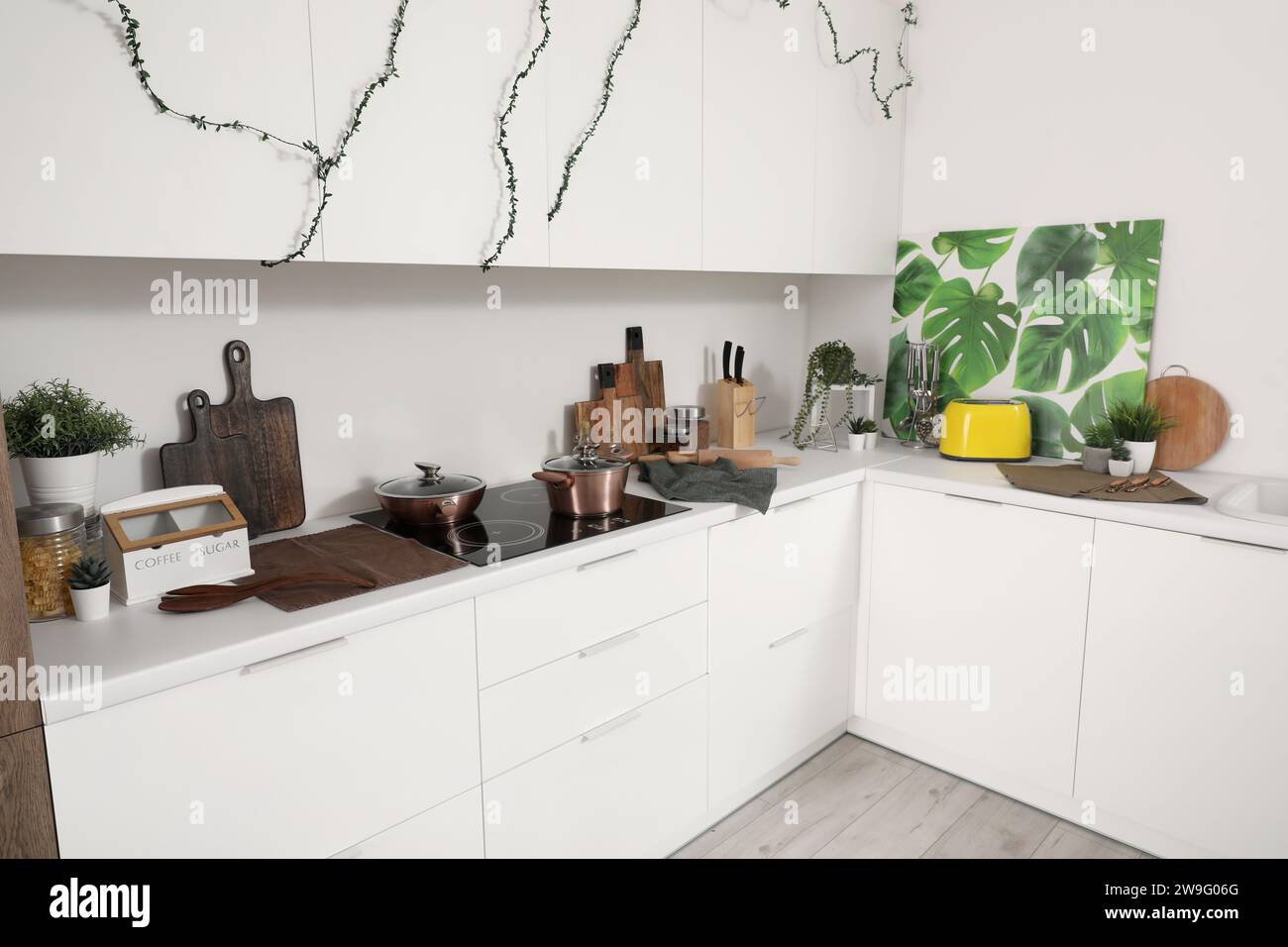 Interior of modern kitchen with white counters and utensils Stock Photo ...