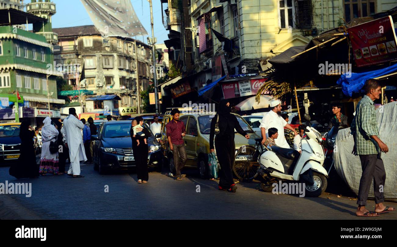 A busy street in the Iranian mosque neighborhood in Mumbai, India. Stock Photo
