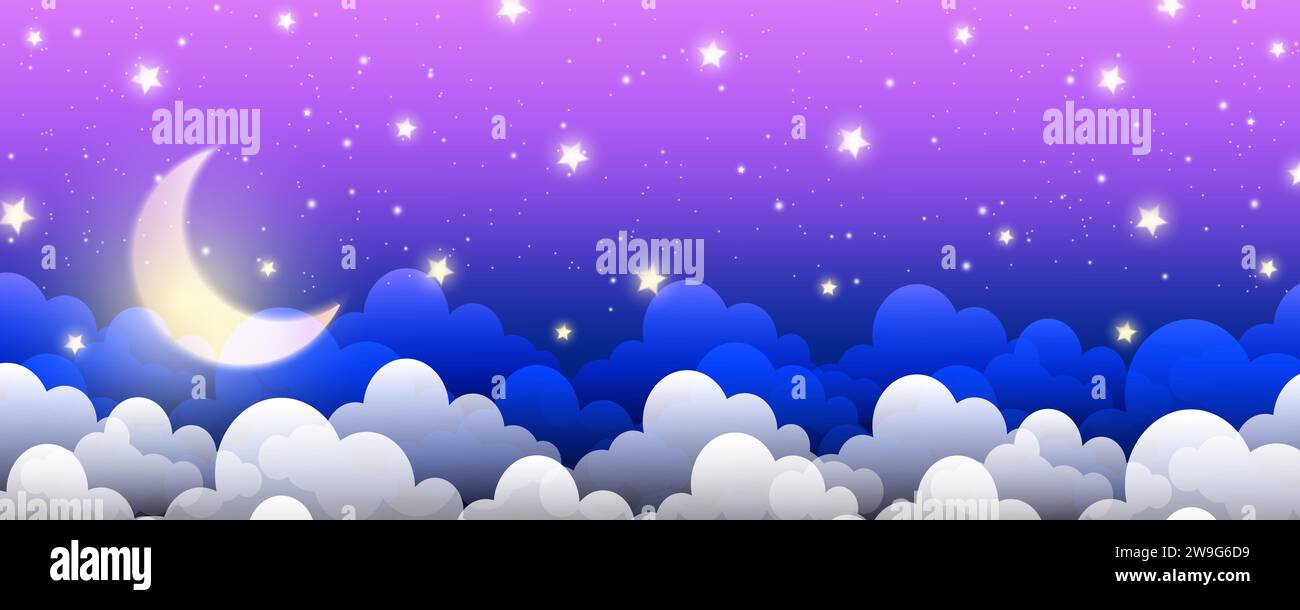 Night purple sky background. Starry dark gradient space. Crescent moon and clouds dreamy scene. Vector cute landscape panorama. Magic midnight Stock Vector